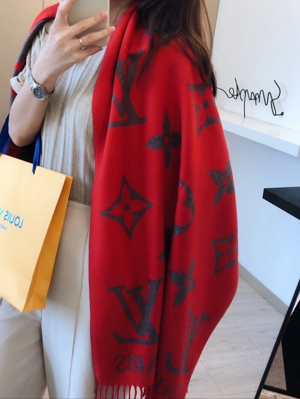 Red Monogram Fringe Shawl Tote Wrap